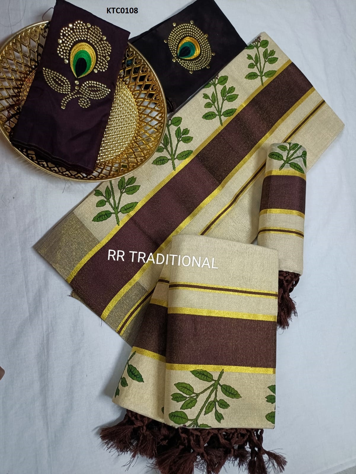 Kerala Traditional Golden Tissue Tulsi printed  Set Mundu with stitched Blouse, Handmade designs /Indian traditional, Vishu , Onam Set Mundu