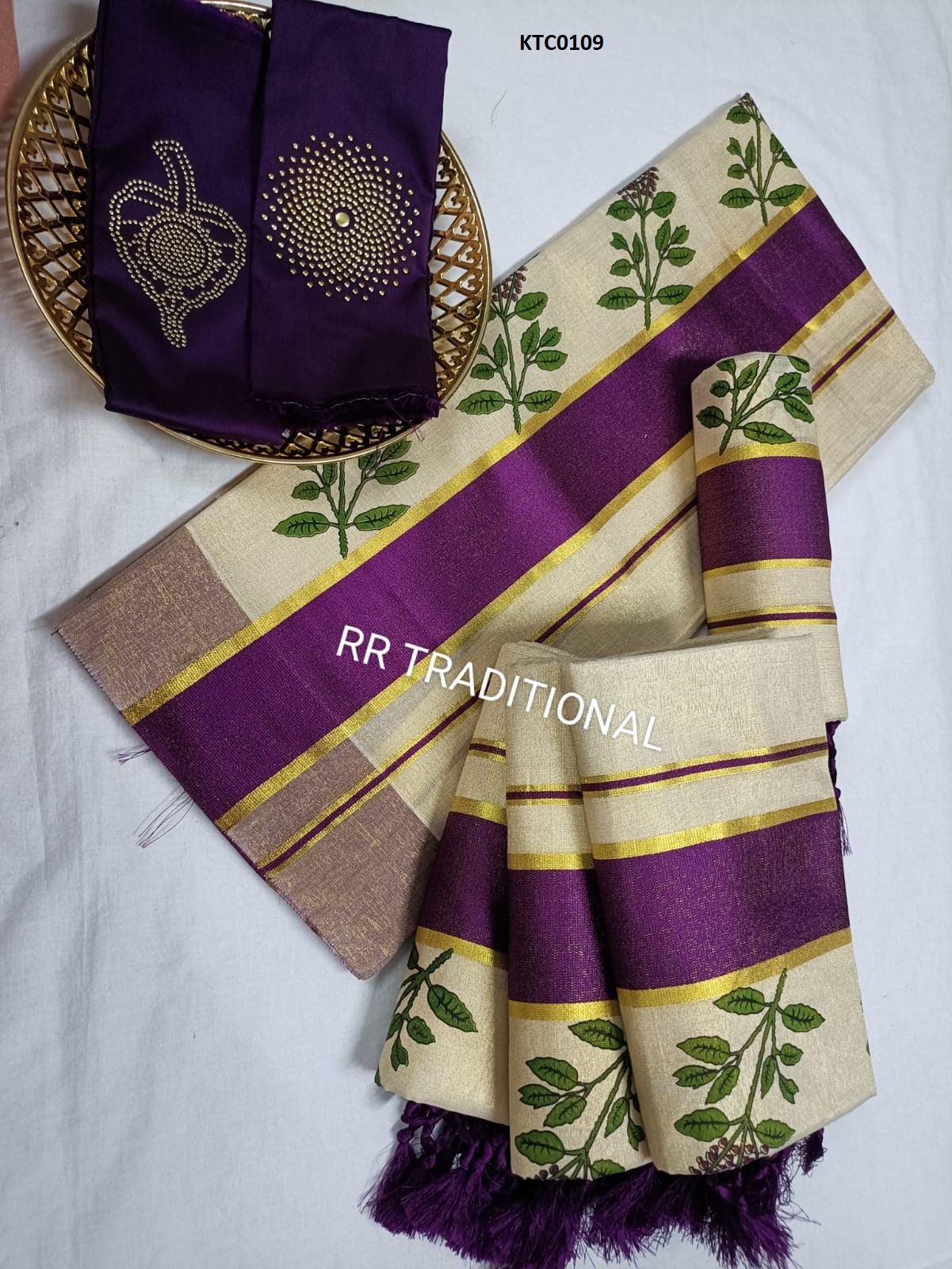 Kerala Traditional Golden Tissue Tulsi printed  Set Mundu with stitched Blouse, Handmade designs /Indian traditional, Vishu , Onam Set Mundu