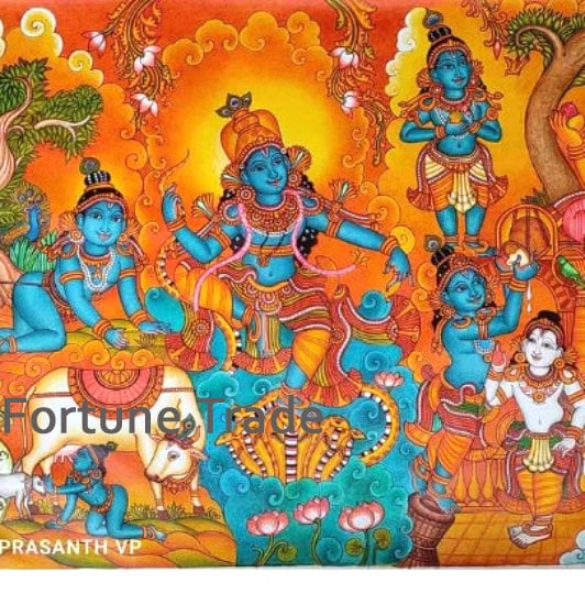 Kerala Original  Mural Painting Krishnaleela,  Artwork, Canvas Rolled, Wall Decor