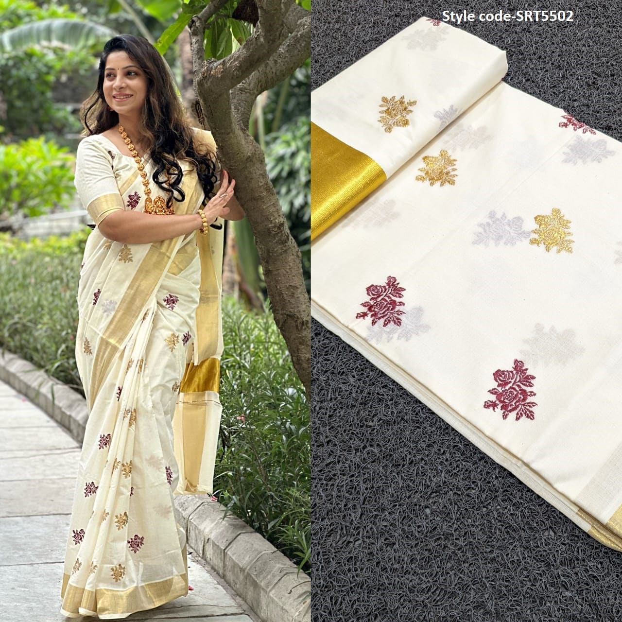 Onam Dress, Kerala Vadamali/Amaranth flower Cotton saree Or Rose embroidered saree with Blouse material or ready to wear blouse Kerala, Onam