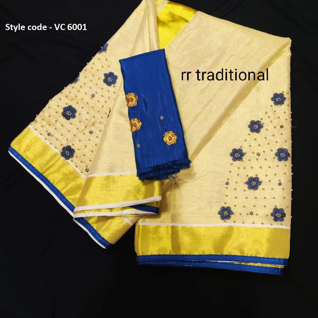 Kerala golden tissue Embroidery   saree with Blouse material or ready to wear blouse Kerala, Onam, Vishu,Birthday