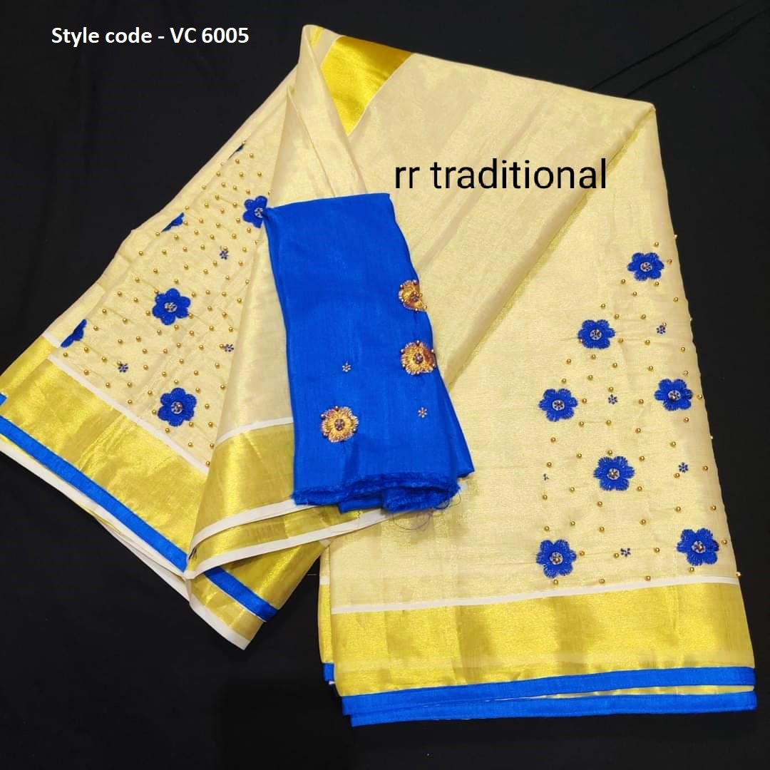 Kerala golden tissue Embroidery   saree with Blouse material or ready to wear blouse Kerala, Onam, Vishu,Birthday