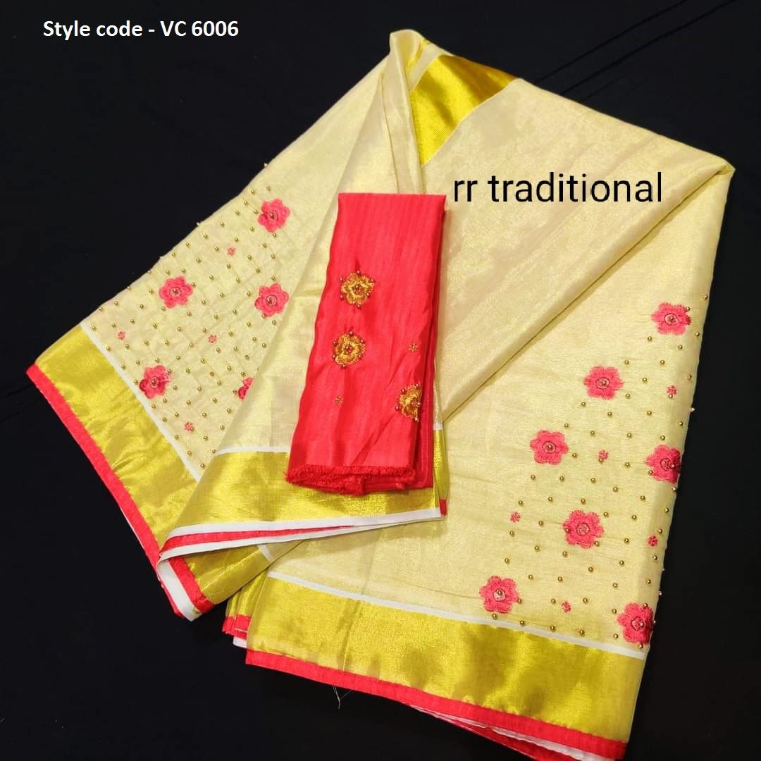 Kerala golden tissue Embroidery   saree with Blouse material or ready to wear blouse Kerala, Onam, Vishu,Birthday