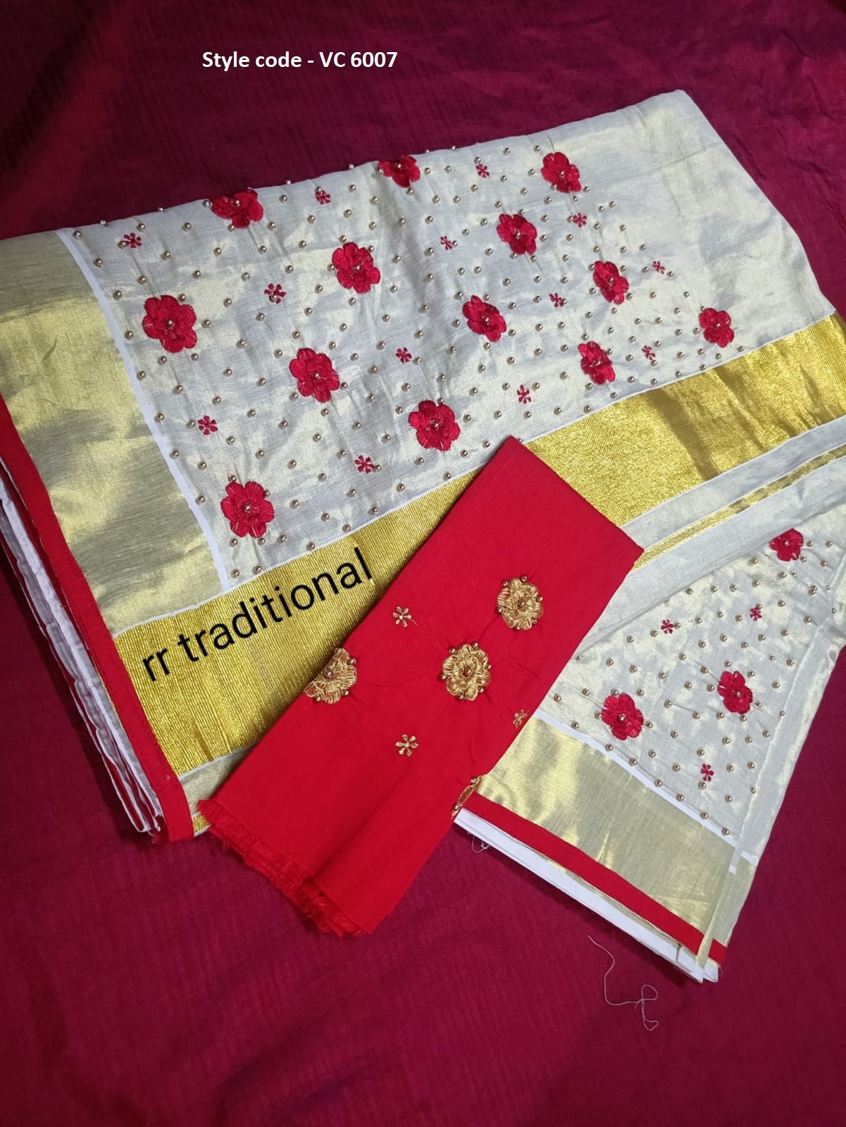 Kerala golden tissue Embroidery   saree with Blouse material or ready to wear blouse Kerala, Onam, Vishu,Birthday