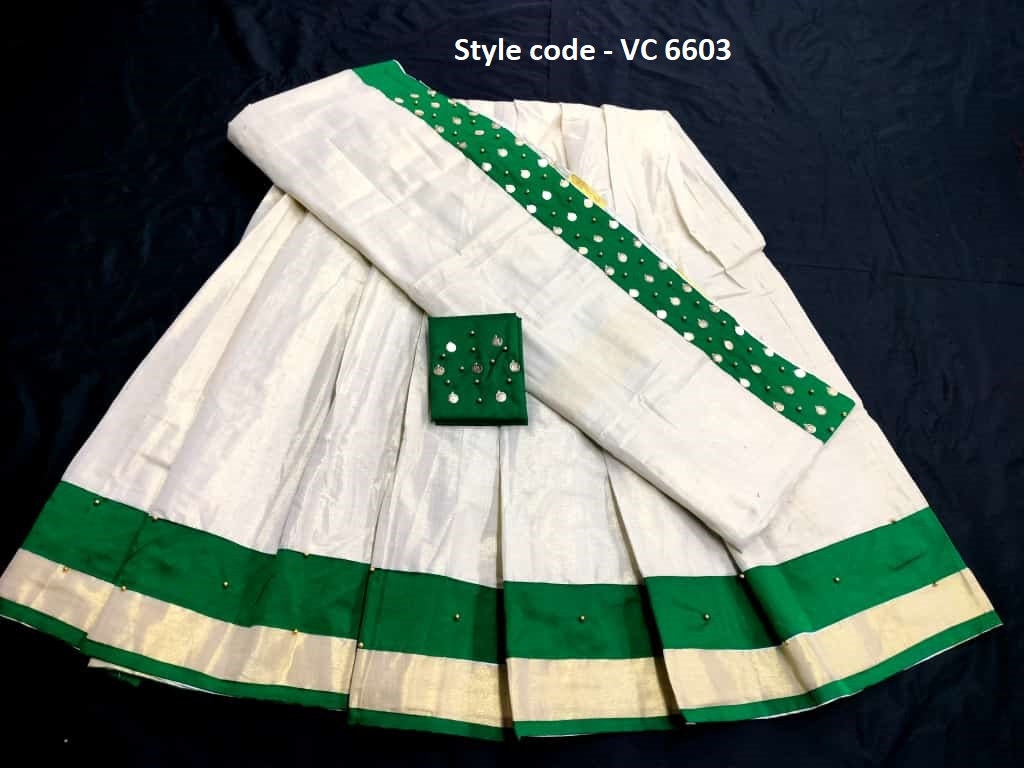 Onam Dress, Kerala Golden tissue heavy work coin Dhavani Material, Skirt & Blouse material Unstitched, Onam, Vishu Dhavani Lehanka Material