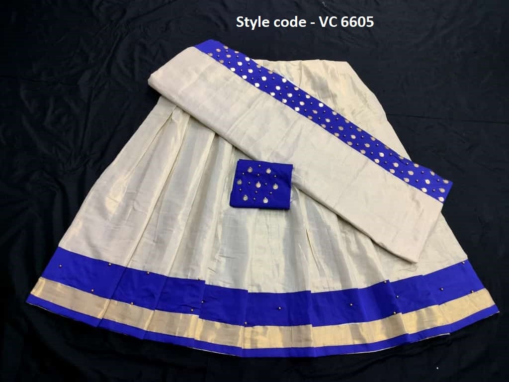 Onam Dress, Kerala Golden tissue heavy work coin Dhavani Material, Skirt & Blouse material Unstitched, Onam, Vishu Dhavani Lehanka Material