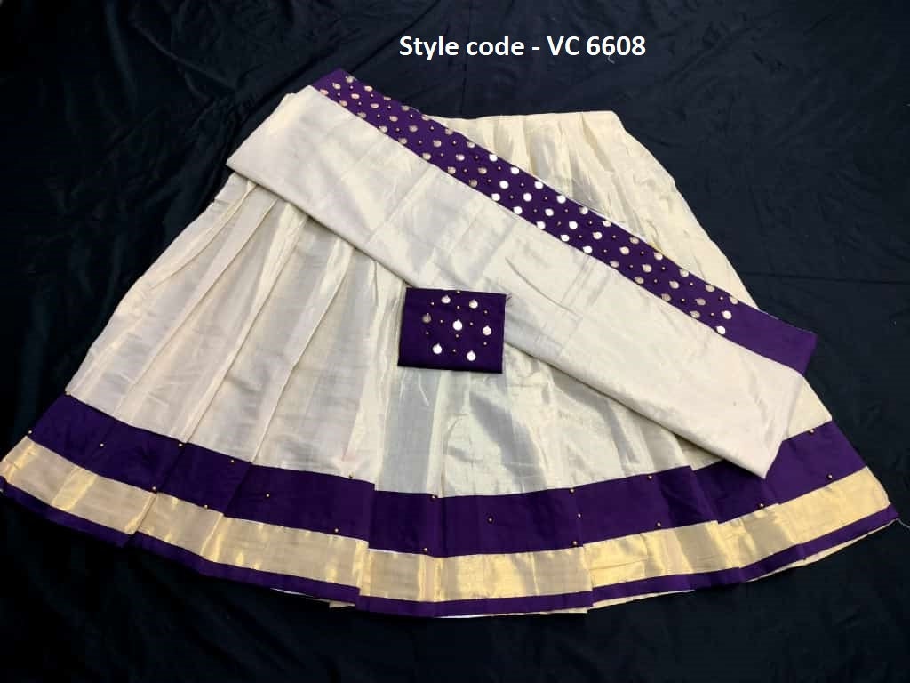 Onam Dress, Kerala Golden tissue heavy work coin Dhavani Material, Skirt & Blouse material Unstitched, Onam, Vishu Dhavani Lehanka Material