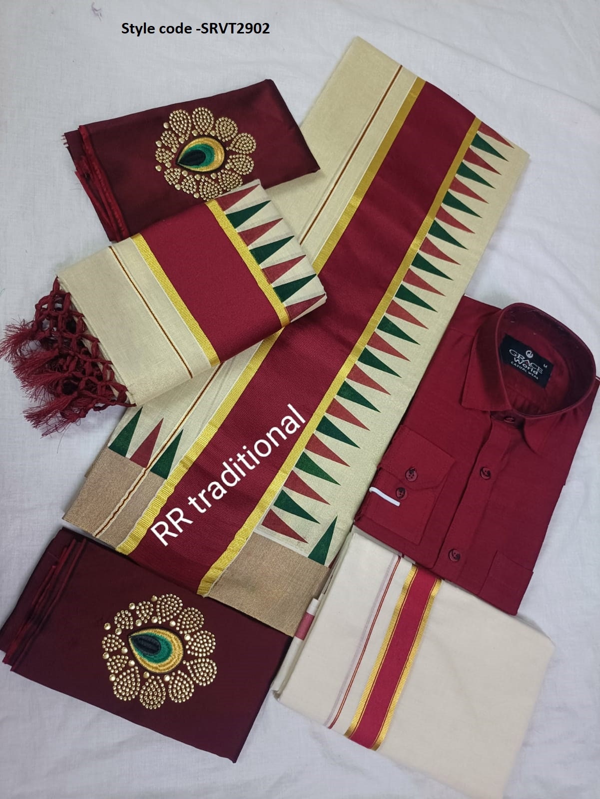 Golden Tissue Double color  Temple print set mundu with Blouse material or ready to wear blouse and Shirt Dhoti Combo ,Kerala, Onam,Birthday