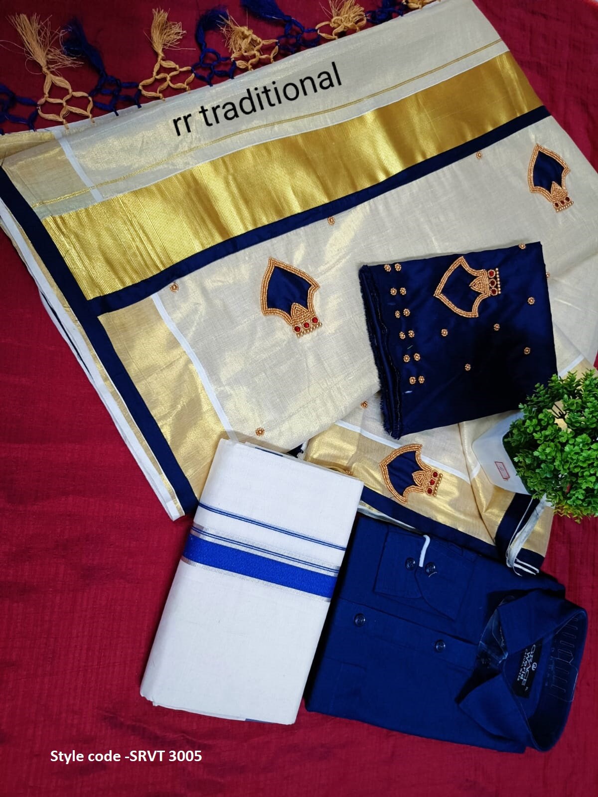 Golden Tissue handwork Palacka Saree  with Blouse material or ready to wear blouse and Shirt Dhoti/ Mundu Combo ,Kerala, Onam, Birthday