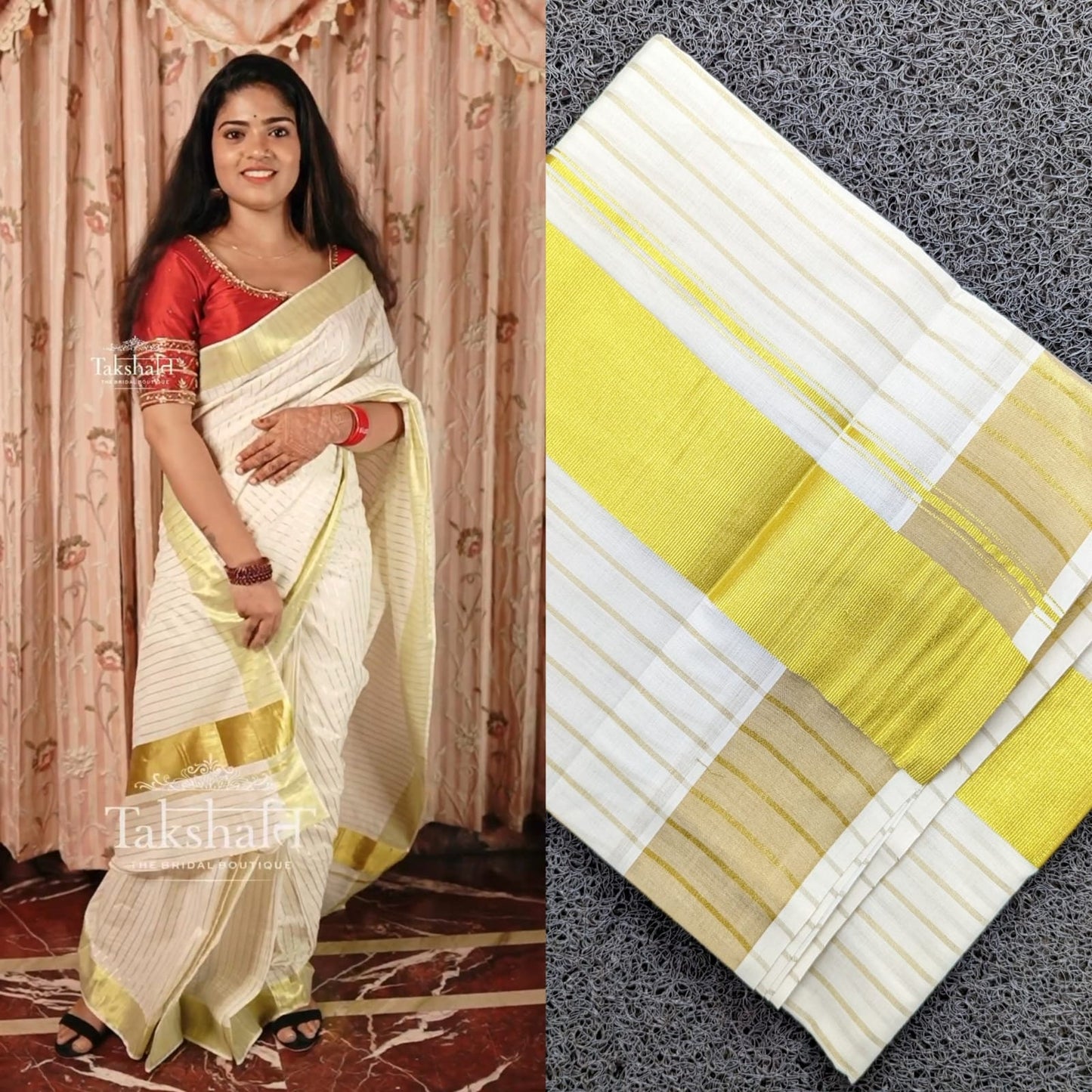 Kerala cotton lines Ready to wear off white saree  with Stitched Blouse or Blouse  Material,Traditional women clothing,Onam, Vishu,Marriage