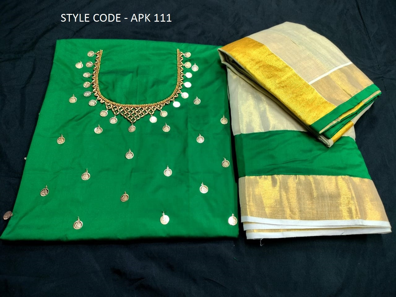 Kerala Golden Tissue Neck worked  Dhavani / Lehanka Material ,Skirt stitched and  Blouse material or Stitched Blouse, Kerala Tradition, Onam