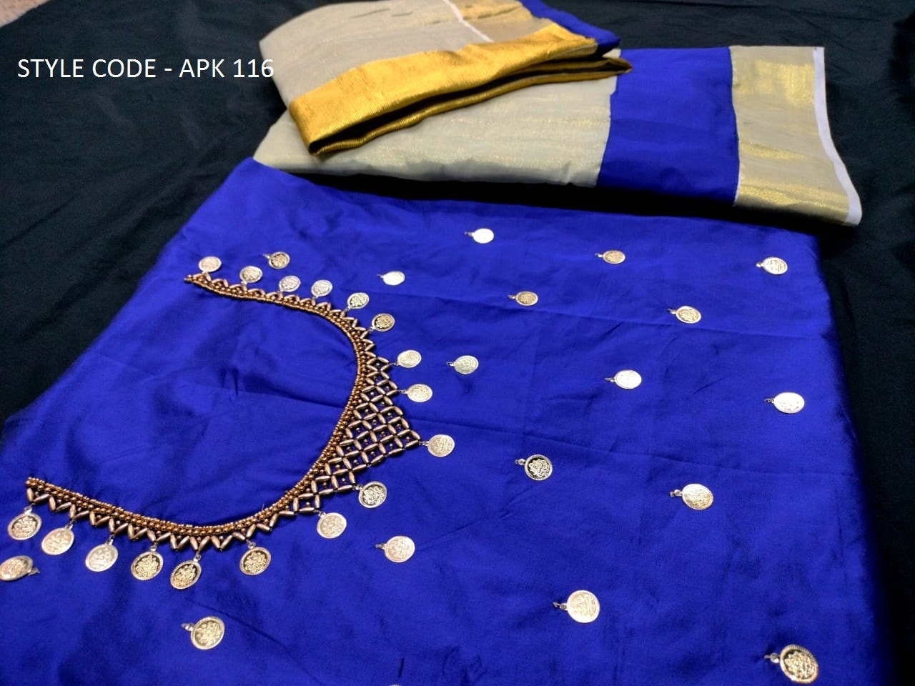 Kerala Golden Tissue Neck worked  Dhavani / Lehanka Material ,Skirt stitched and  Blouse material or Stitched Blouse, Kerala Tradition, Onam