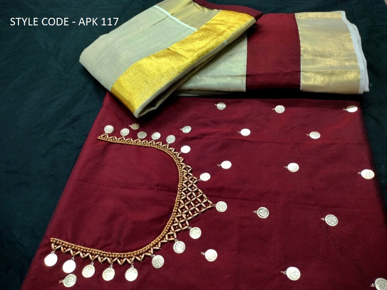 Kerala Golden Tissue Neck worked  Dhavani / Lehanka Material ,Skirt stitched and  Blouse material or Stitched Blouse, Kerala Tradition, Onam