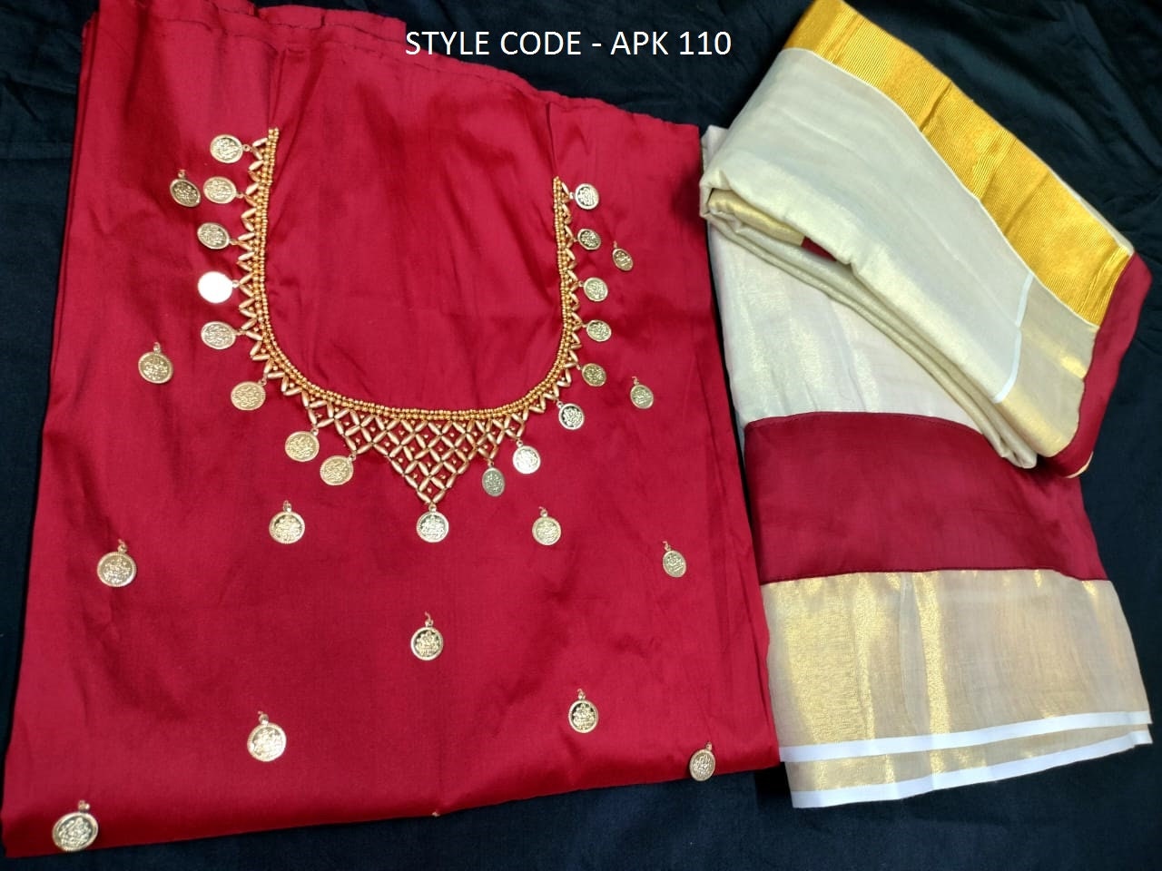 Kerala Golden Tissue Neck worked  Dhavani / Lehanka Material ,Skirt stitched and  Blouse material or Stitched Blouse, Kerala Tradition, Onam