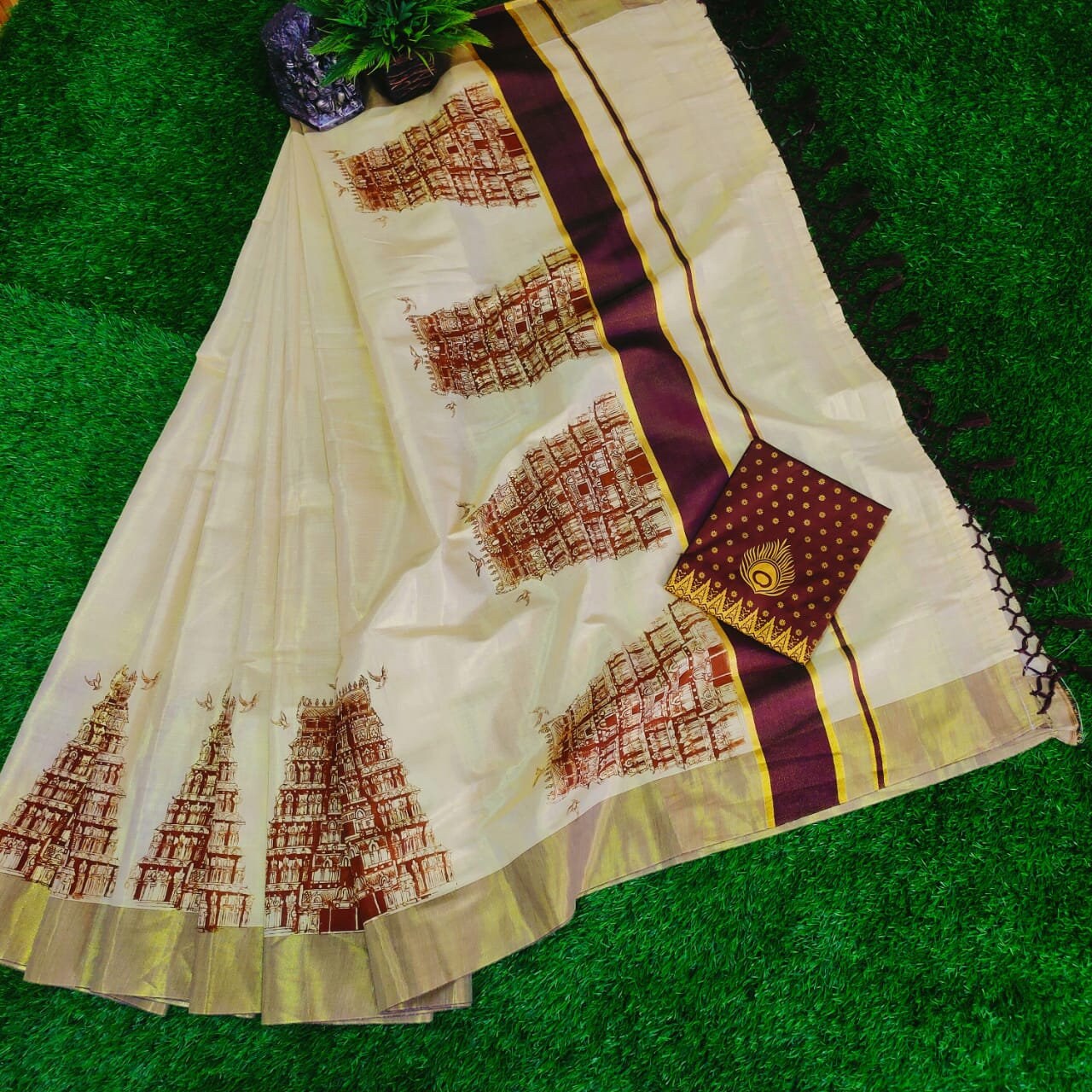 Temple print Golden Tissue Saree With Printed Blouse  with stitched Blouse or Blouse Material, Indian Saree, Onam saree, Onam Dress, Ponkal