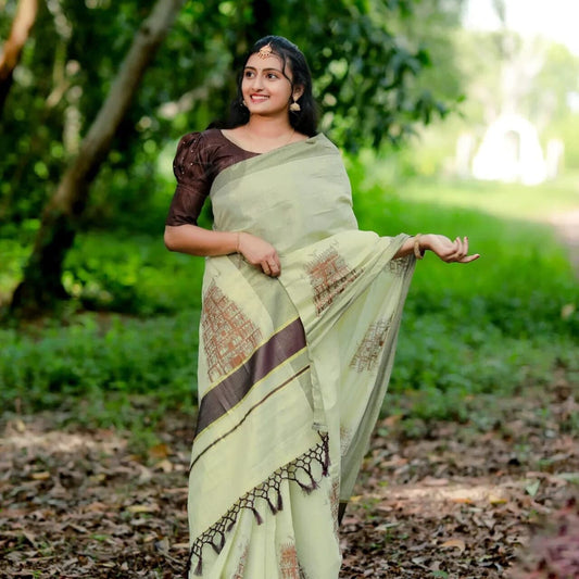 Temple print Golden Tissue Saree With Printed Blouse  with stitched Blouse or Blouse Material, Indian Saree, Onam saree, Onam Dress, Ponkal