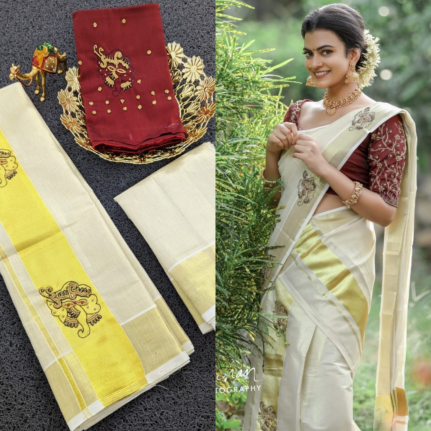 Ganapathy handwork golden Tissue Set Mundu with Blouse Material / Ready to Wear Blouse /Onam Dress/ Traditional women clothing /Onam, Vishu