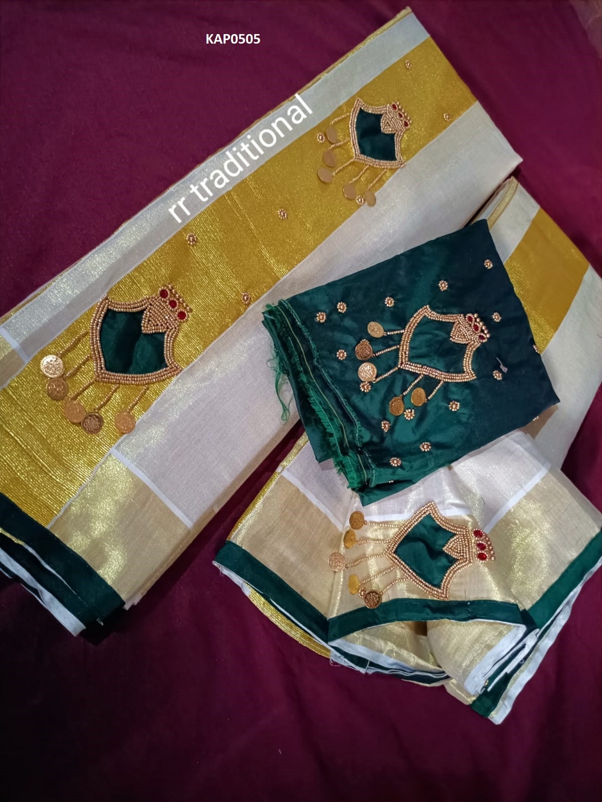 Kerala Lakshmi Coin Palakka Design Set Mundu with Stitched Blouse or  Blouse Material, Tissue Set Mundu,Handmade designs