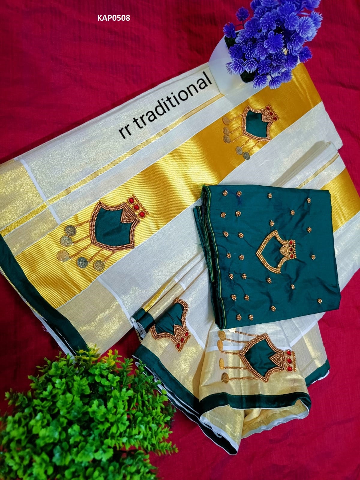 Kerala Lakshmi Coin Palakka Design Set Mundu with Stitched Blouse or  Blouse Material, Tissue Set Mundu,Handmade designs