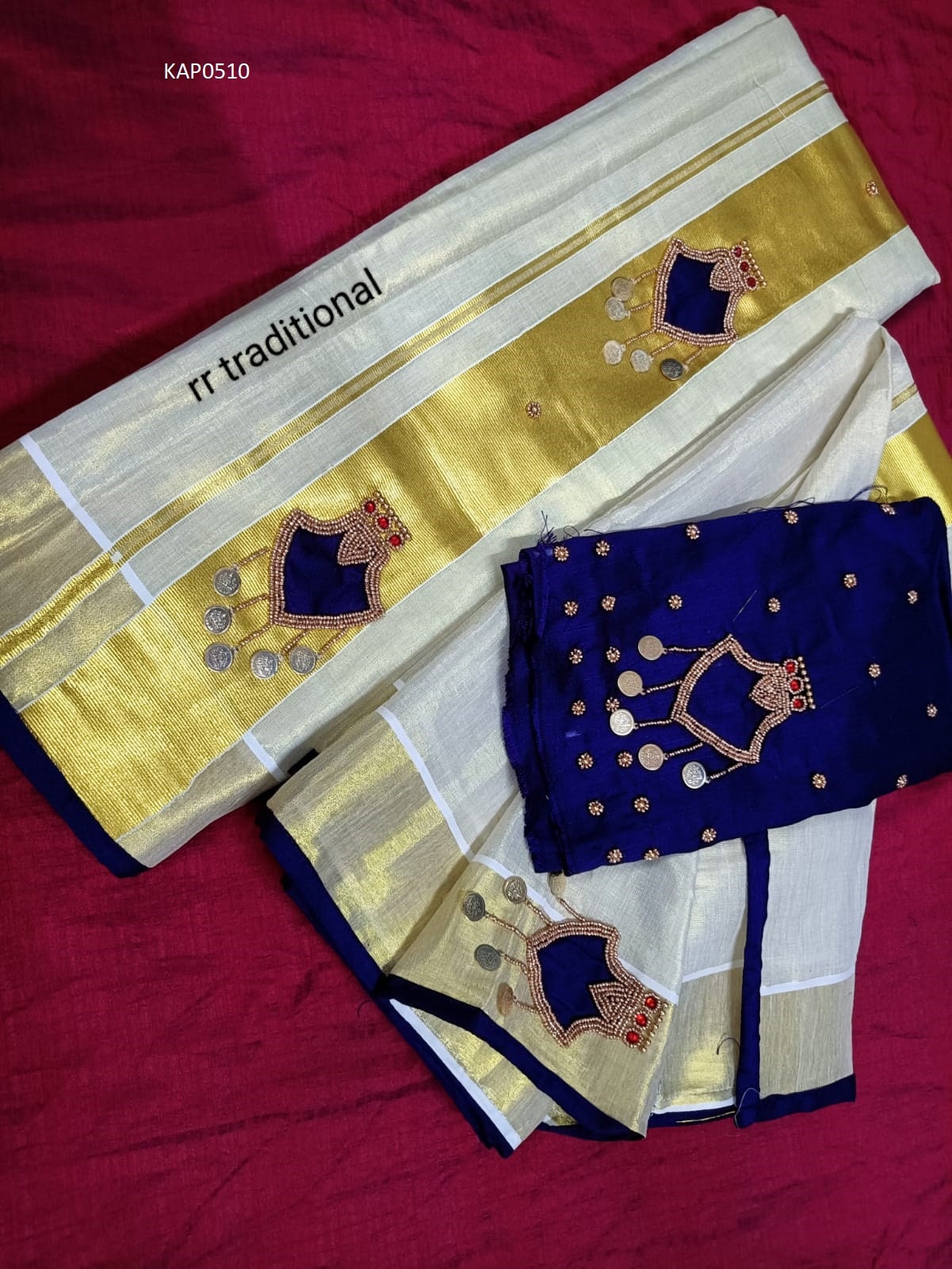 Kerala Lakshmi Coin Palakka Design Set Mundu with Stitched Blouse or  Blouse Material, Tissue Set Mundu,Handmade designs