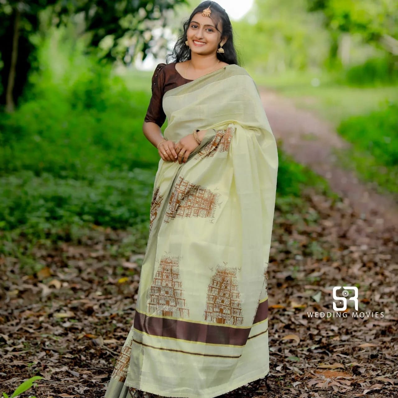 Kerala  Golden tissue temple printed Saree, Stitched Blouse & Non Stitched /Handmade designs /Indian traditional, Onam,Party, Festival