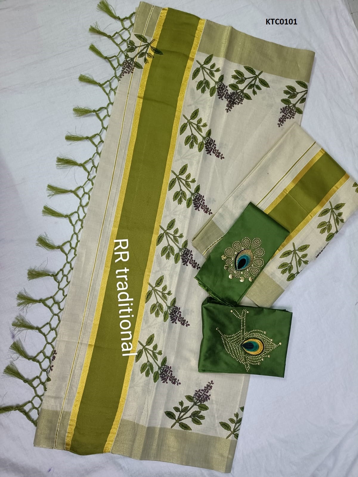 Kerala Traditional Golden Tissue Tulsi printed  Set Mundu with stitched Blouse, Handmade designs /Indian traditional, Vishu , Onam Set Mundu