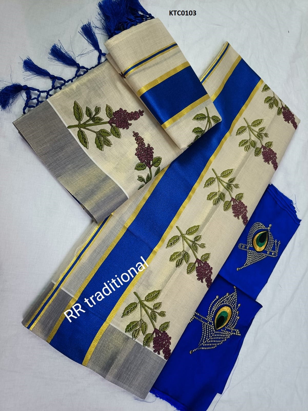 Kerala Traditional Golden Tissue Tulsi printed  Set Mundu with stitched Blouse, Handmade designs /Indian traditional, Vishu , Onam Set Mundu