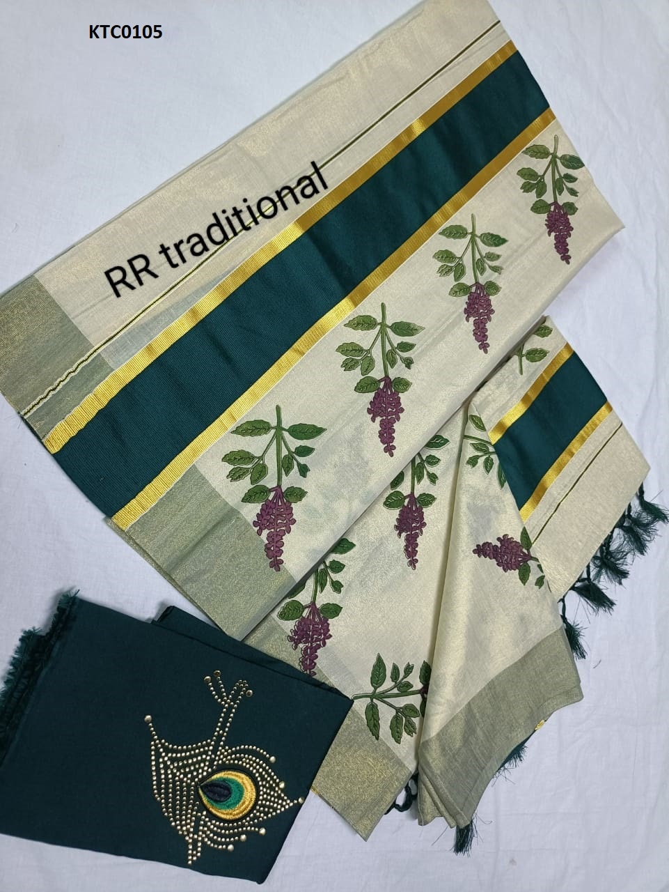 Kerala Traditional Golden Tissue Tulsi printed  Set Mundu with stitched Blouse, Handmade designs /Indian traditional, Vishu , Onam Set Mundu