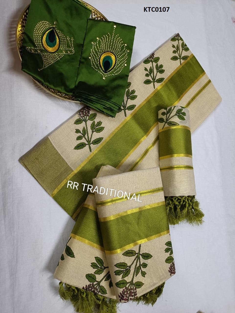 Kerala Traditional Golden Tissue Tulsi printed  Set Mundu with stitched Blouse, Handmade designs /Indian traditional, Vishu , Onam Set Mundu