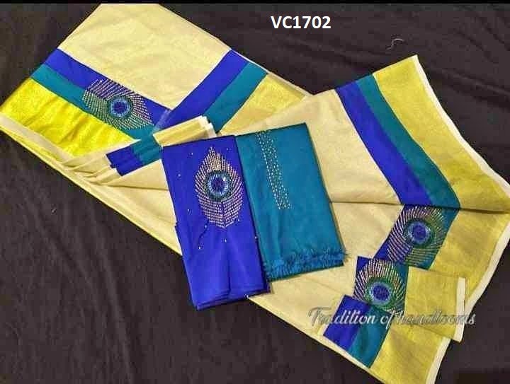 Kerala Traditional Tissue hand work Set Saree with stitched Blouse, Handmade designs /Indian traditional / Vishu Set Saree, Onam Saree