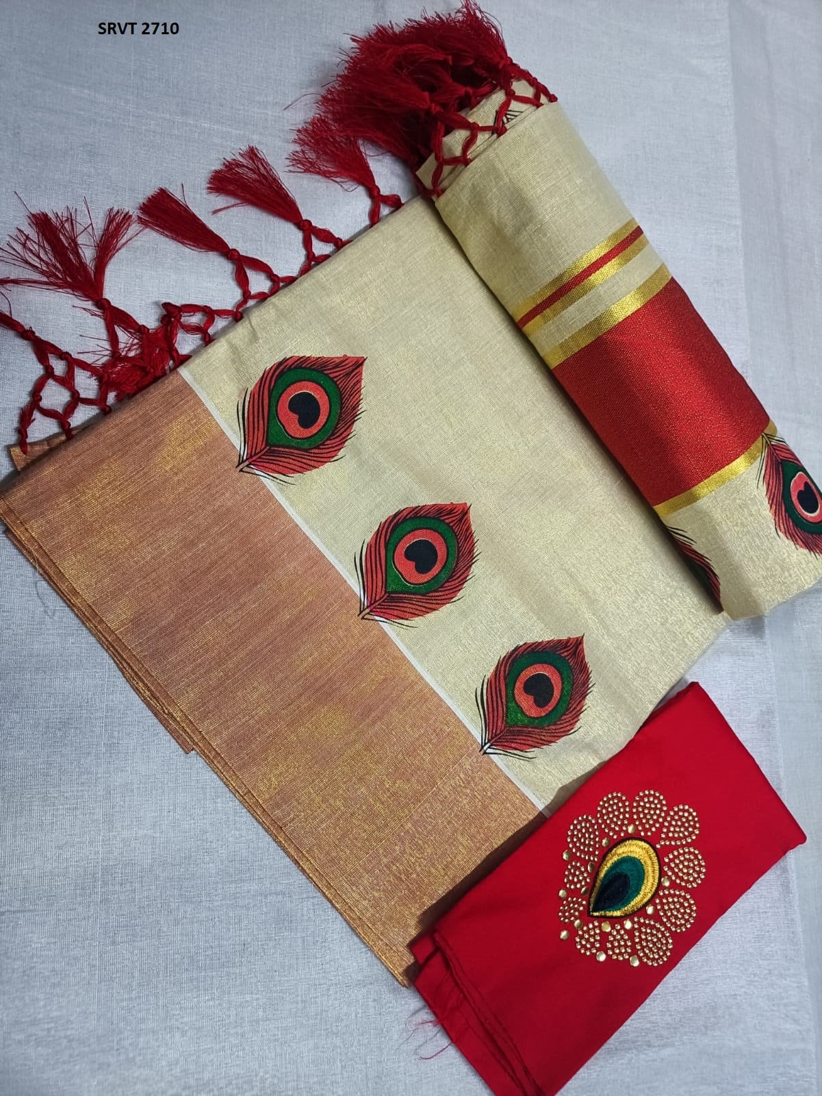 Peacock feather printed Golden border Women&#39;s Cotton Kerala Set Saree / Indian traditional women clothing/ Handmade design, Vishu Onam wear