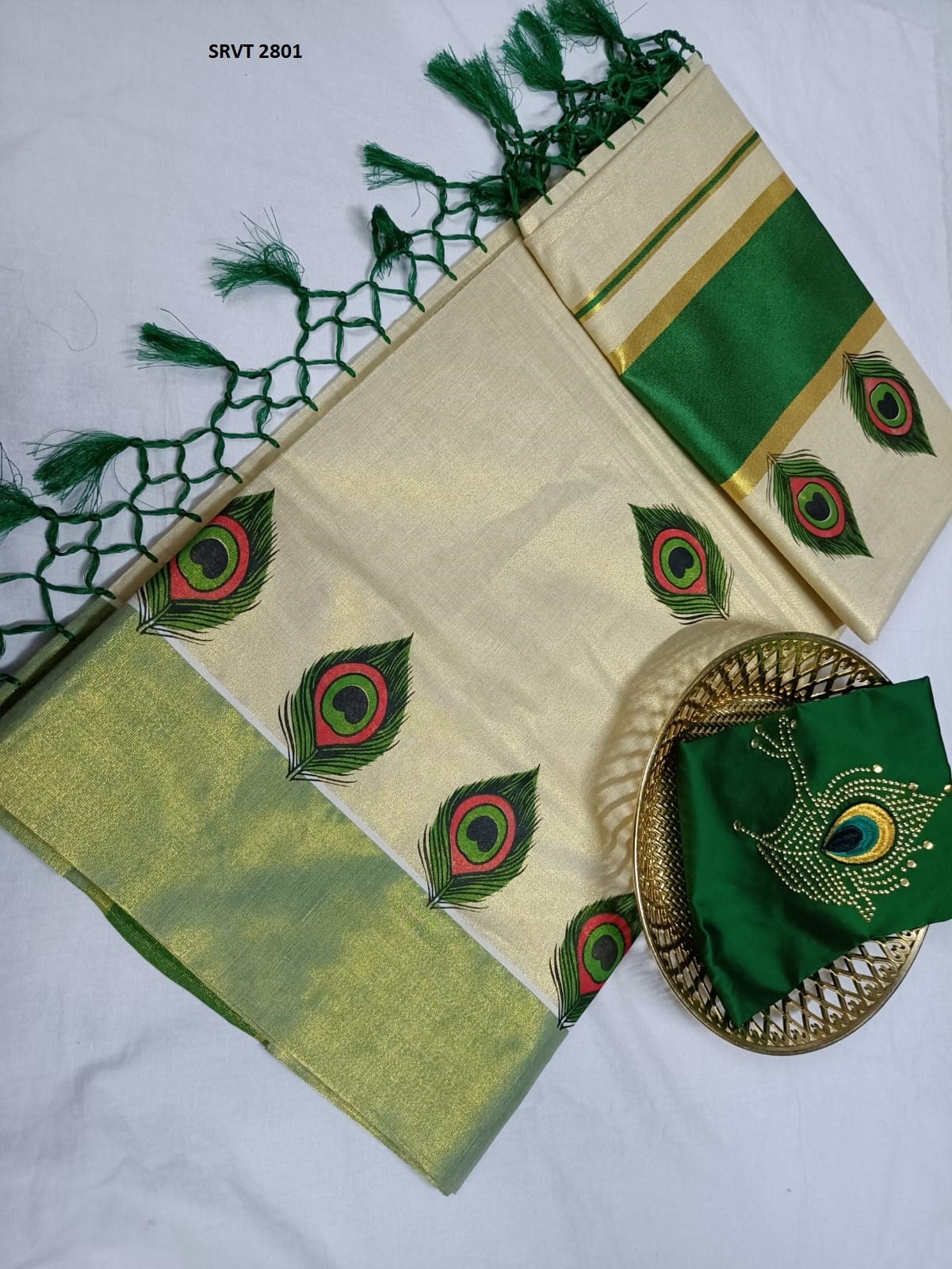 Peacock Feather printed Golden Border Women&#39;s Tissue Kerala Set Saree / Indian traditional women clothing/ Handmade design, Vishu Onam wear