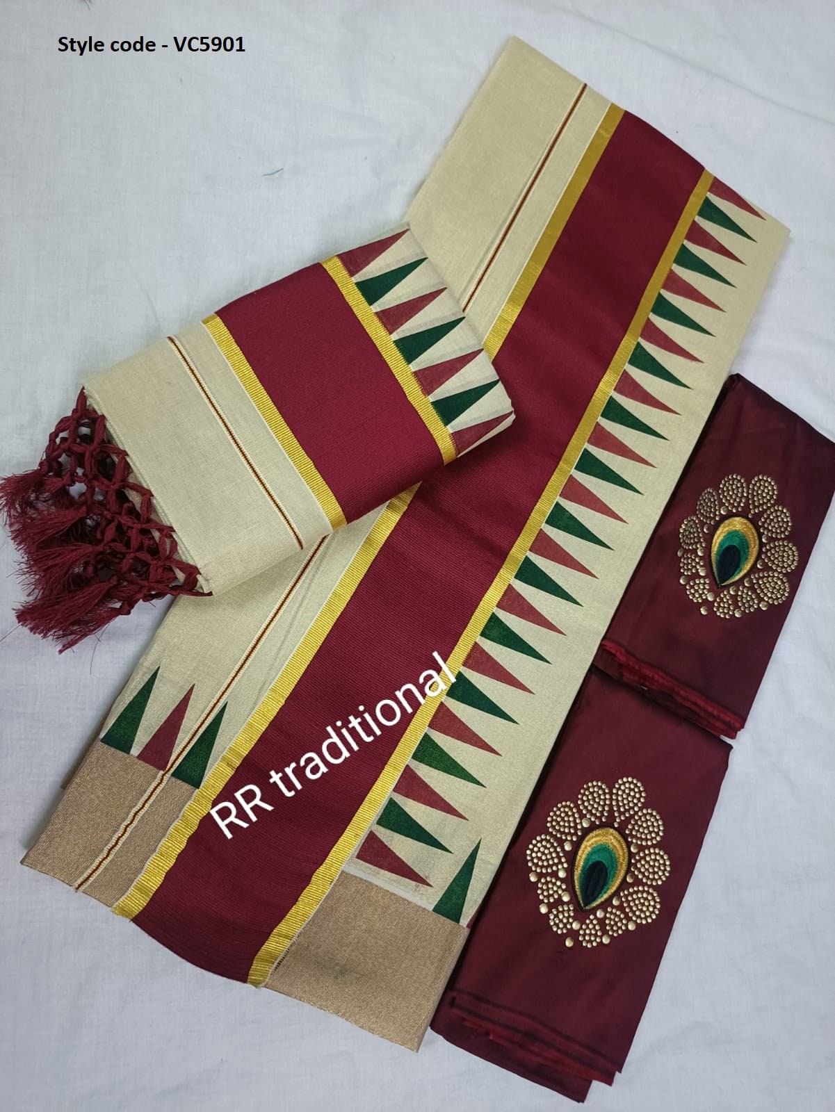 Onam Dress, Kerala Tissue double Color temple printed set mundu  with Blouse material or ready to wear blouse Kerala, Onam, Birthday