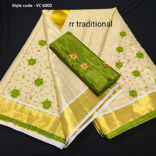 Kerala golden tissue Embroidery   saree with Blouse material or ready to wear blouse Kerala, Onam, Vishu,Birthday