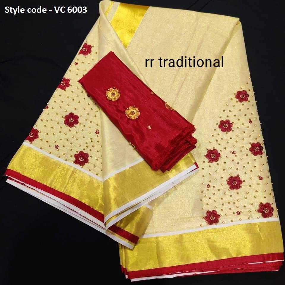 Kerala golden tissue Embroidery   saree with Blouse material or ready to wear blouse Kerala, Onam, Vishu,Birthday