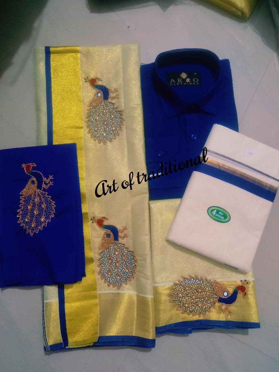 Onam Dress, Golden Tissue handworked set mundu  with Blouse material or ready to wear blouse and Shirt Dhoti Combo ,Kerala, Onam set mundu