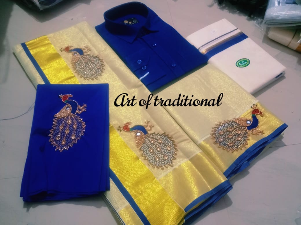 Onam Dress, Golden Tissue handworked set mundu  with Blouse material or ready to wear blouse and Shirt Dhoti Combo ,Kerala, Onam set mundu