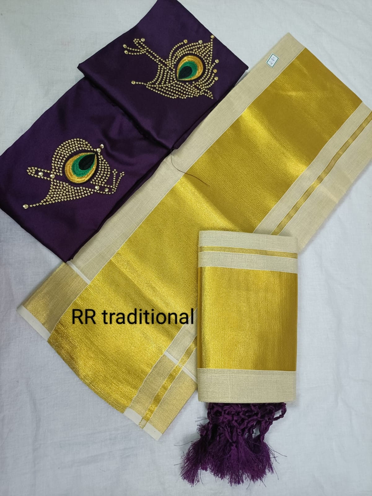 5 Inch Tissue Plain Kunjalam Setmund with Stitched Blouse or Blouse Material, Tissue Set Mundu, Kerala Traditional Setmund