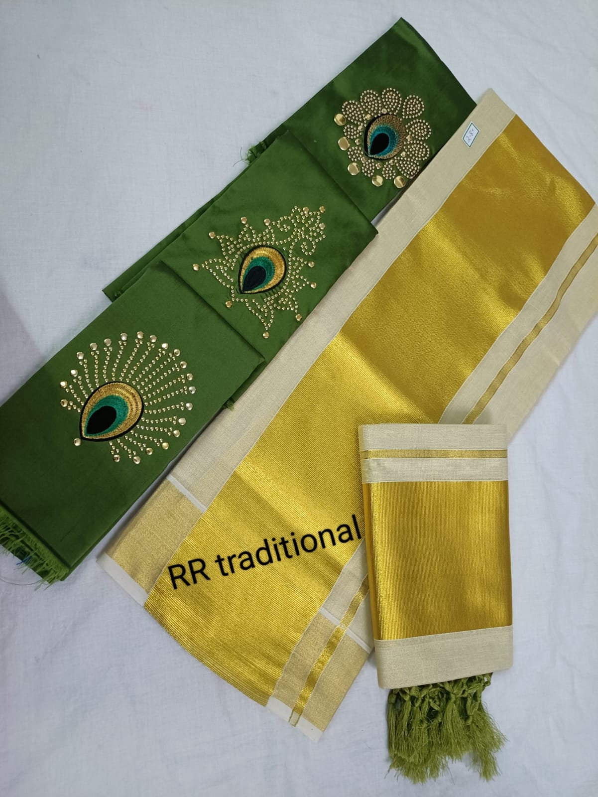 5 Inch Tissue Plain Kunjalam Setmund with Stitched Blouse or Blouse Material, Tissue Set Mundu, Kerala Traditional Setmund