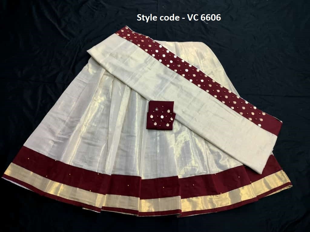 Onam Dress, Kerala Golden tissue heavy work coin Dhavani Material, Skirt & Blouse material Unstitched, Onam, Vishu Dhavani Lehanka Material