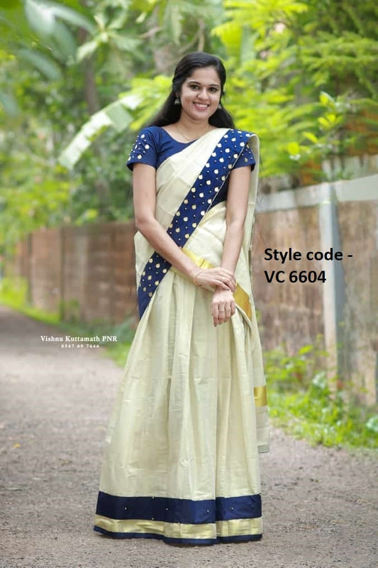 Onam Dress, Kerala Golden tissue heavy work coin Dhavani Material, Skirt & Blouse material Unstitched, Onam, Vishu Dhavani Lehanka Material