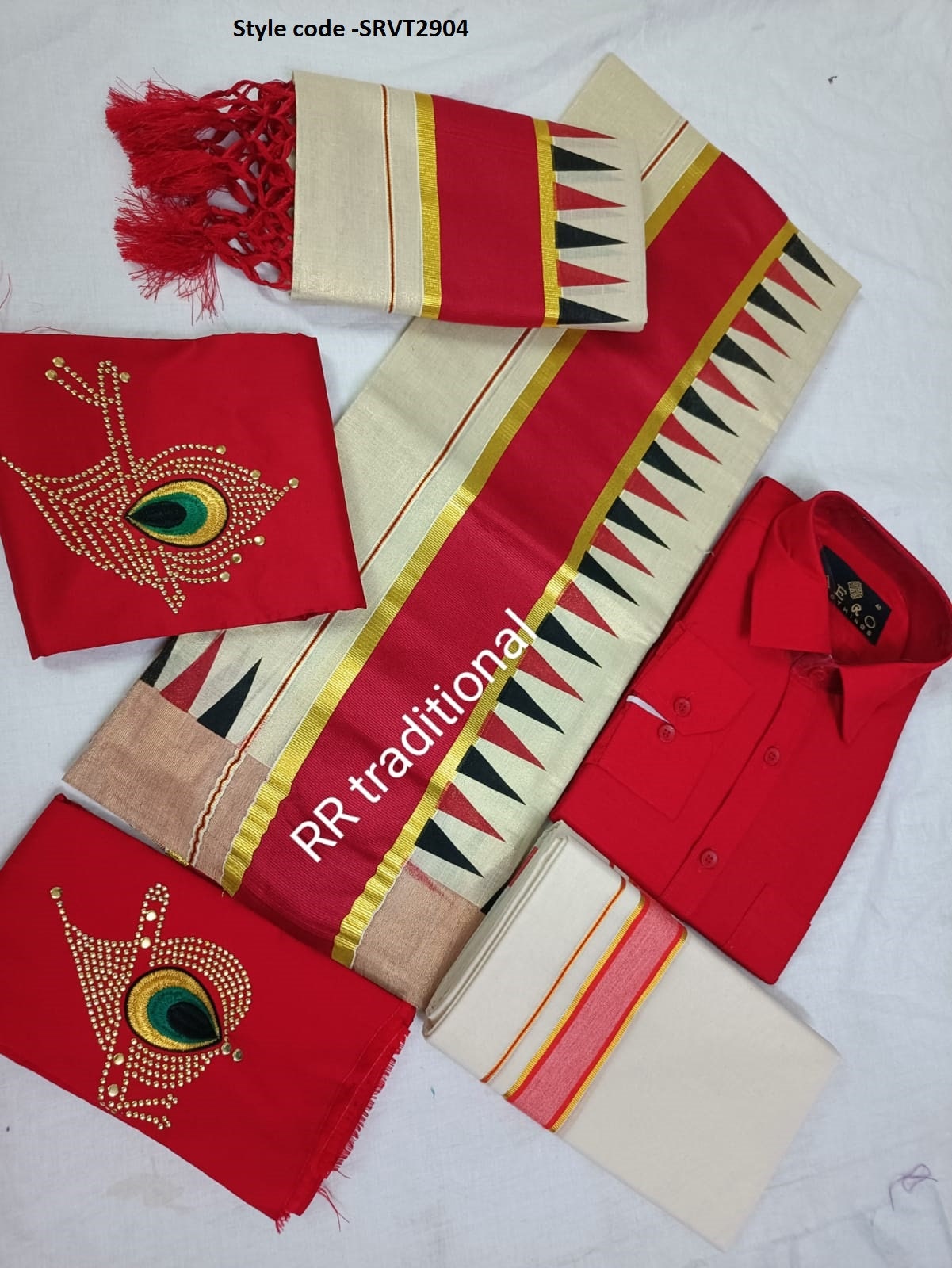 Golden Tissue Double color  Temple print set mundu with Blouse material or ready to wear blouse and Shirt Dhoti Combo ,Kerala, Onam,Birthday