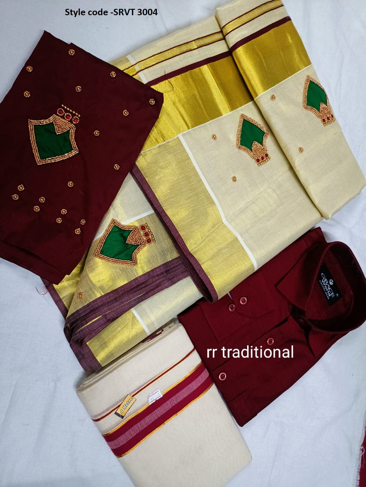 Golden Tissue handwork Palacka Saree  with Blouse material or ready to wear blouse and Shirt Dhoti/ Mundu Combo ,Kerala, Onam, Birthday