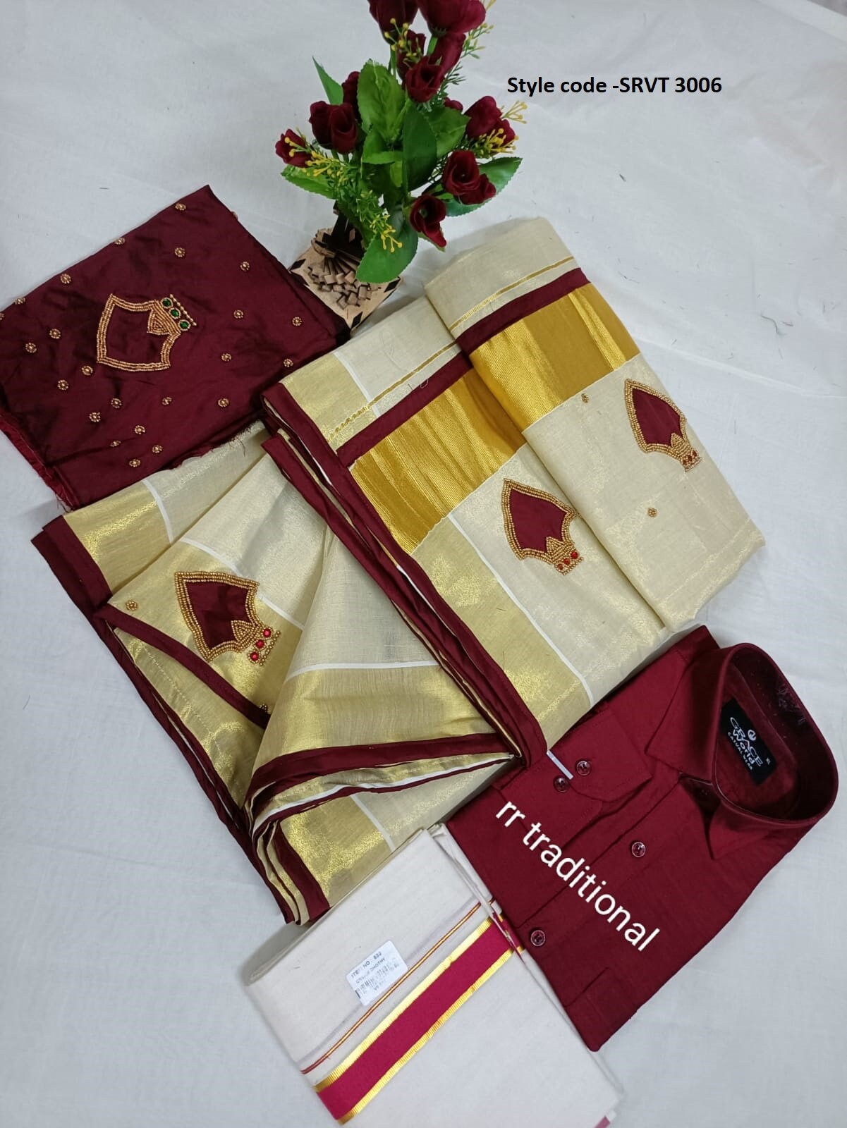 Golden Tissue handwork Palacka Saree  with Blouse material or ready to wear blouse and Shirt Dhoti/ Mundu Combo ,Kerala, Onam, Birthday