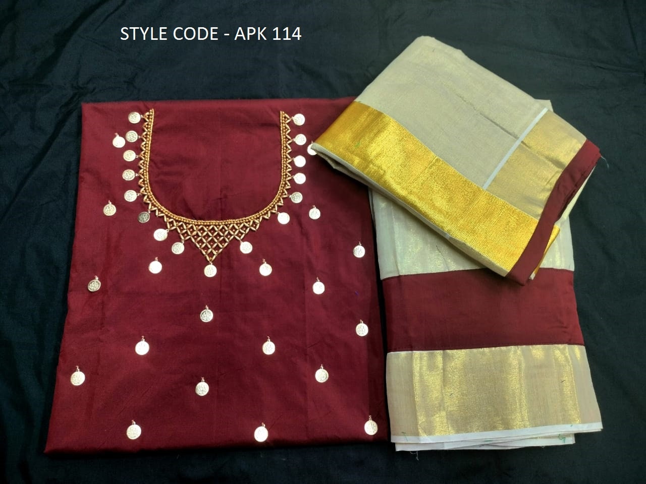 Kerala Golden Tissue Neck worked  Dhavani / Lehanka Material ,Skirt stitched and  Blouse material or Stitched Blouse, Kerala Tradition, Onam