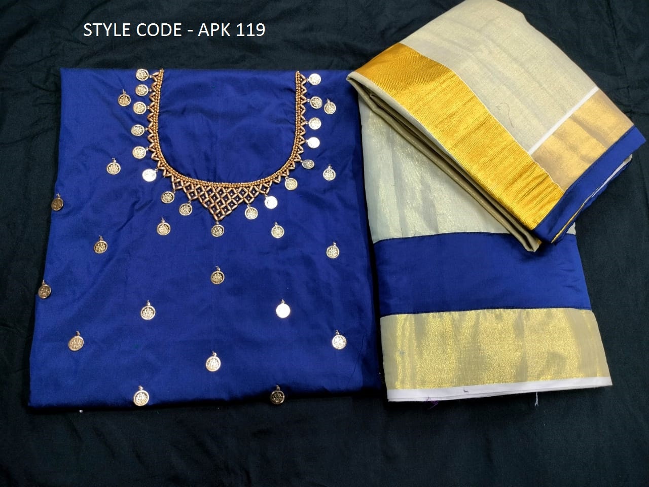 Kerala Golden Tissue Neck worked  Dhavani / Lehanka Material ,Skirt stitched and  Blouse material or Stitched Blouse, Kerala Tradition, Onam