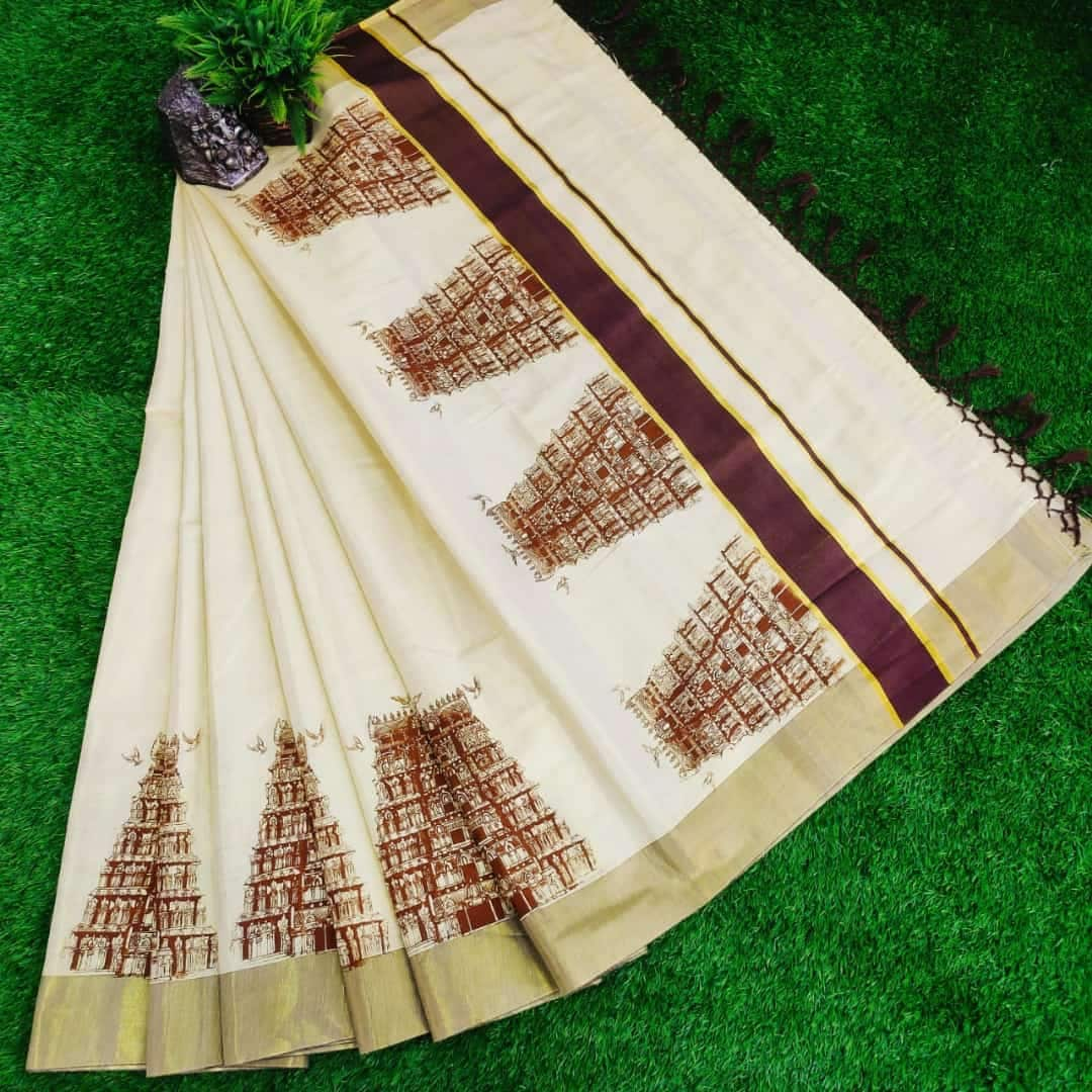 Temple print Golden Tissue Saree With Printed Blouse  with stitched Blouse or Blouse Material, Indian Saree, Onam saree, Onam Dress, Ponkal