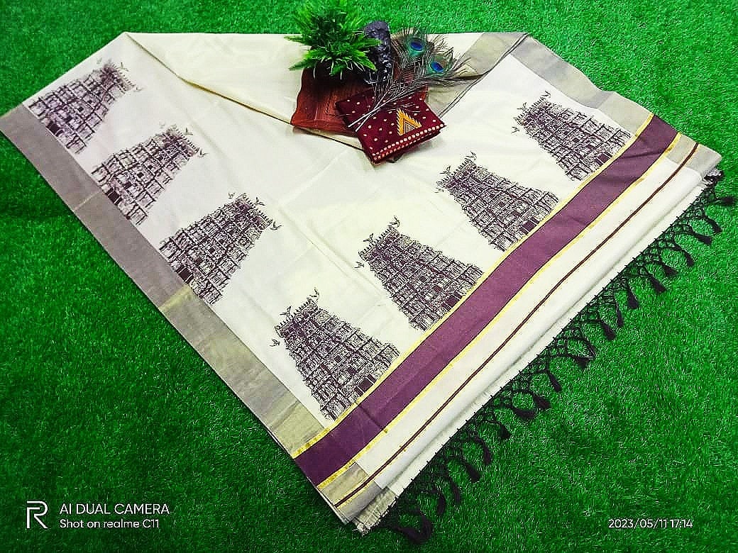 Temple print Golden Tissue Saree With Printed Blouse  with stitched Blouse or Blouse Material, Indian Saree, Onam saree, Onam Dress, Ponkal