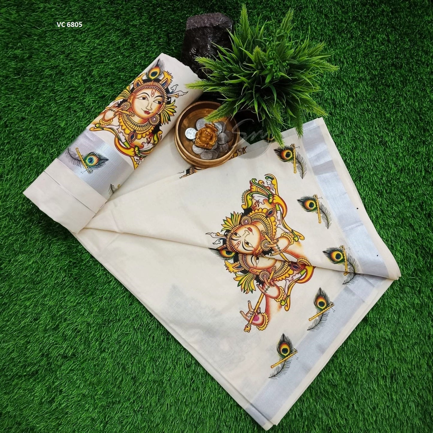 Cotton mural printed saree with printed blouse material or ready to wear blouse, Kerala Onam, Vishu, Birthday, beautiful printed saree