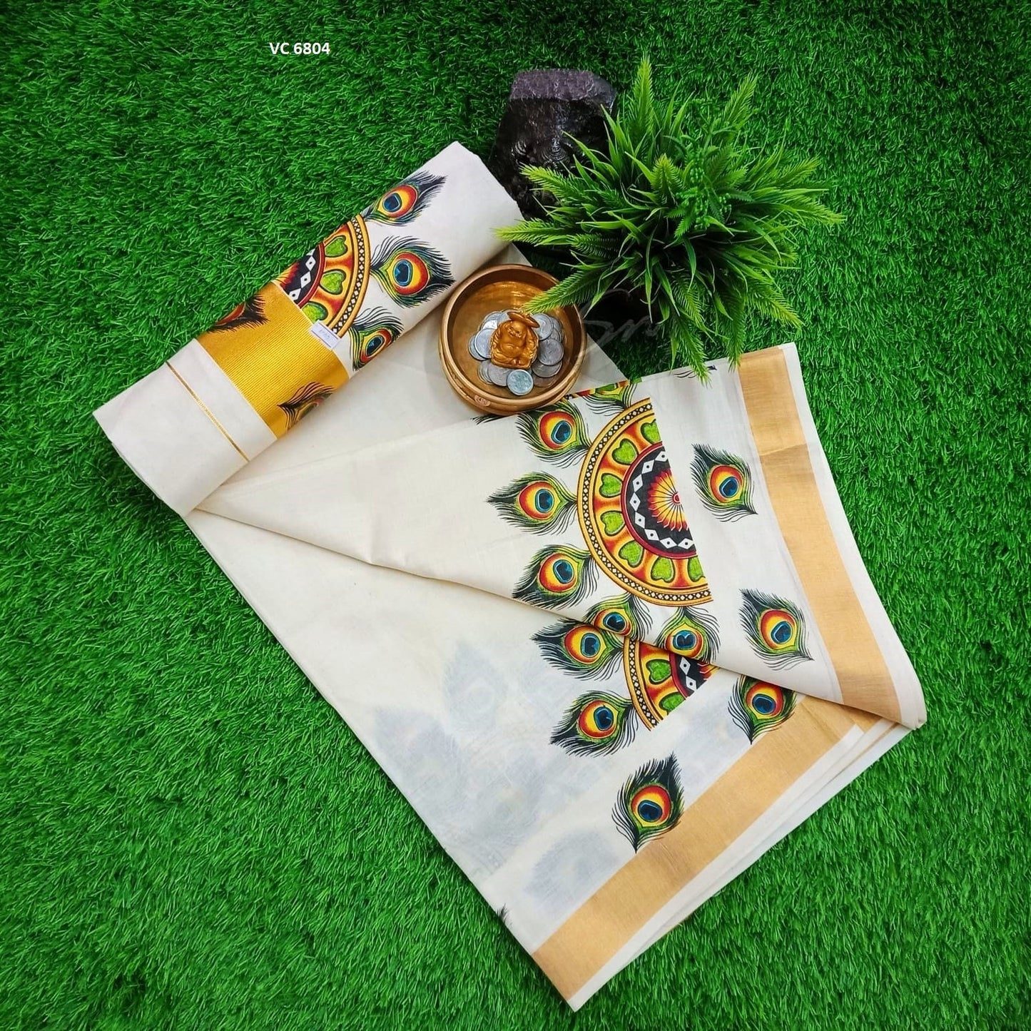 Cotton mural printed saree with printed blouse material or ready to wear blouse, Kerala Onam, Vishu, Birthday, beautiful printed saree